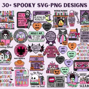 Könnte beinhalten: Eine Sammlung von über 30 gruseligen SVG- und PNG-Designs mit Halloween-Illustrationen. Designs umfassen Geister, Kürbisse, Bücher und Sätze wie "Reading Ritual" und "Haunted Library". Die Farbpalette umfasst Lila, Orange und Schwarz.