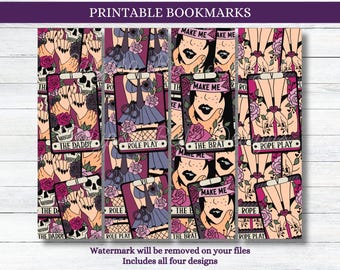 May include: Set of four printable bookmarks featuring tarot card-inspired illustrations. Each bookmark features a different design with a pink and purple color scheme. The designs include "The Daddy", "Role Play", "The Brat", and "Rope Play".