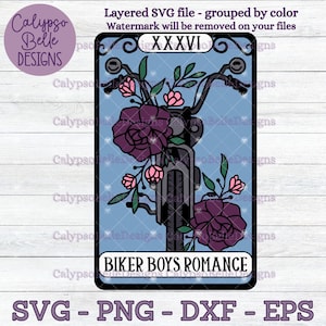 May include: A tarot card with a blue background and a motorcycle with flowers. The card is titled "Biker Boys Romance" and the number XXXVI is in the top corner.