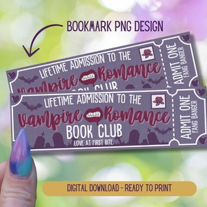 Puede incluir: Dos marcadores de página imprimibles de color morado y gris con el texto "Admisión de por vida al Vampire Romance Book Club" y "Amor a primera vista". Los marcadores tienen una rosa roja, un murciélago y un gráfico de lápida.