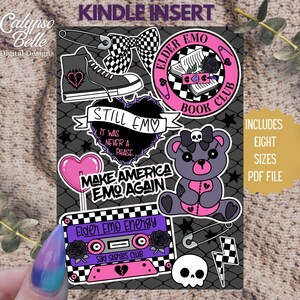 May include: A selection of emo-themed stickers, including a high-top trainer, bow tie, heart, teddy bear, and cassette tape. Text includes "Still Emo," "Make America Emo Again," and "Elder Emo Book Club."