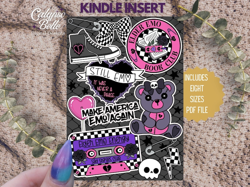May include: A selection of emo-themed stickers, including a high-top trainer, bow tie, heart, teddy bear, and cassette tape. Text includes "Still Emo," "Make America Emo Again," and "Elder Emo Book Club."