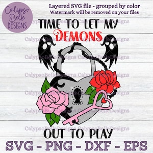 May include: A gray padlock with a keyhole in the shape of a heart, surrounded by a chain and two roses, one pink and one red. The padlock is on a wooden background with the text "TIME TO LET MY DEMONS OUT TO PLAY" above it.