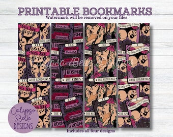 May include: Printable bookmarks featuring various designs with text and illustrations. The designs include phrases like "Yes Sir," "The Kinks," and "The Spanking." The bookmarks have a purple background with illustrations of figures and roses.