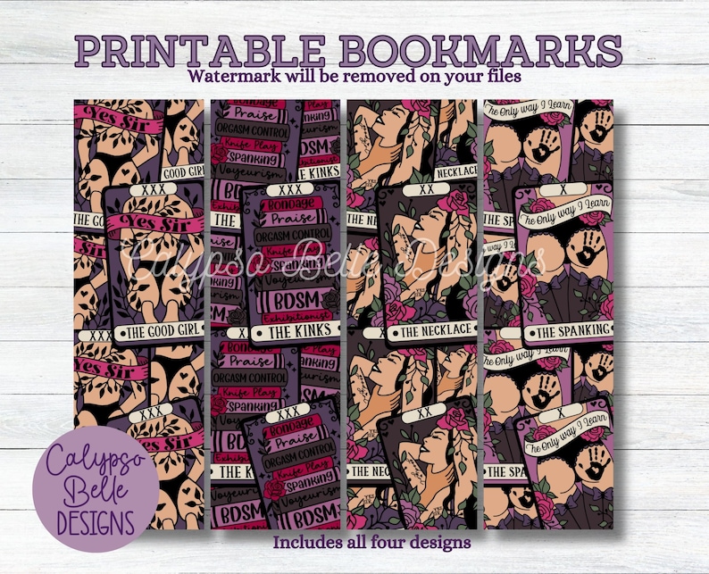 May include: Printable bookmarks featuring various designs with text and illustrations. The designs include phrases like "Yes Sir," "The Kinks," and "The Spanking." The bookmarks have a purple background with illustrations of figures and roses.