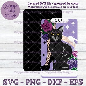 May include: A black cat tarot card with a purple background. The card features a black cat sitting on a leg with a black high heel shoe. The card number, XXX, is in the top right corner. The card is surrounded by purple roses.
