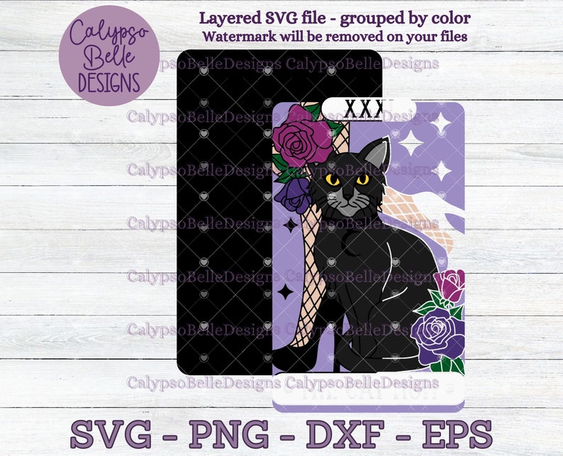 May include: A black cat tarot card with a purple background. The card features a black cat sitting on a leg with a black high heel shoe. The card number, XXX, is in the top right corner. The card is surrounded by purple roses.