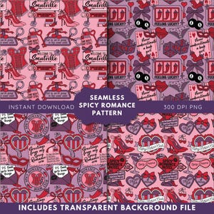 May include: Seamless "Spicy Romance" pattern in shades of pink and red, featuring high heels, lingerie, corsets, martini glasses, and text elements. Includes the text "Welcome to Smutville" and "Feeling Lucky?"