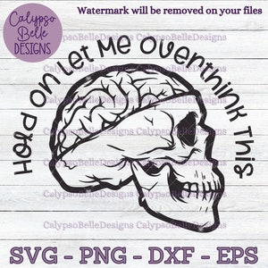 Puede incluir: Ilustración en blanco y negro de una calavera con un cerebro en su interior. El texto alrededor de la calavera dice "Hold on let me overthink this".