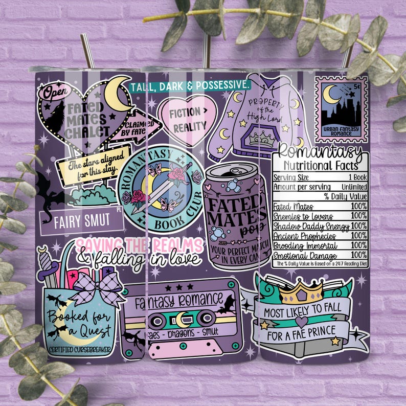Fantasy Romance 20 oz Skinny Tumbler Wrap, Spicy Books png, Smut Reader, Romance Reader, Book Lover Tumbler, Sublimation Seamless Design image 1