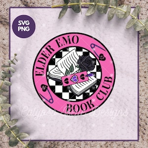 May include: A pink and black graphic design featuring the text "ELDER EMO BOOK CLUB" in a circular arrangement. The design includes a black rose, open books, safety pins, and a checkerboard pattern.