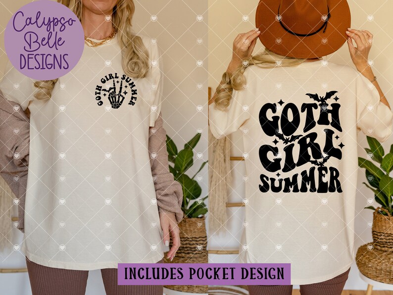 May include: A white t-shirt with a black graphic design that says "goth girl summer" on the back and a smaller design of a skeleton hand making a peace sign with the words "goth girl summer" around it on the front.