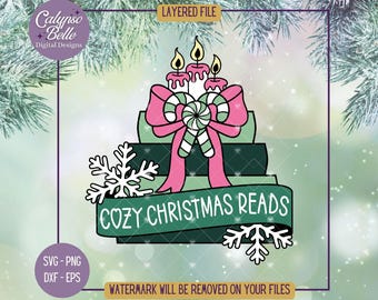 May include: A stack of green books with a pink bow and candy canes on top. The books have the text "Cozy Christmas Reads" on the front. The image is surrounded by a green and white background with snowflakes.