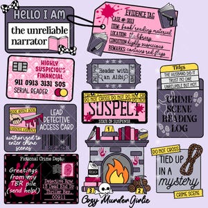 May include: A collection of pink and purple themed digital stickers with a crime and mystery theme. Includes a library tag, a credit card, a crime scene log, and a fireplace with a skull and crossbones.