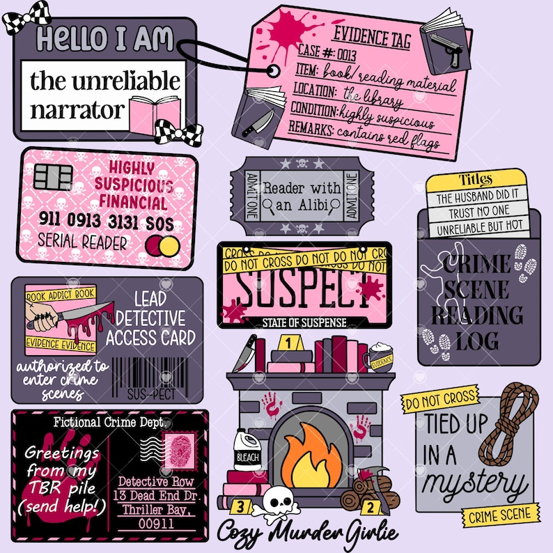 May include: A collection of pink and purple themed digital stickers with a crime and mystery theme. Includes a library tag, a credit card, a crime scene log, and a fireplace with a skull and crossbones.