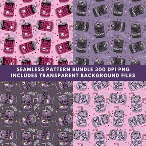 May include: A seamless pattern bundle showcasing soda can designs in pink, purple, and grey. The cans feature text such as "Dark Romance," "Morally Grey," "Villain Biss," and "Enemies to Lovers." Includes transparent background files for digital use.