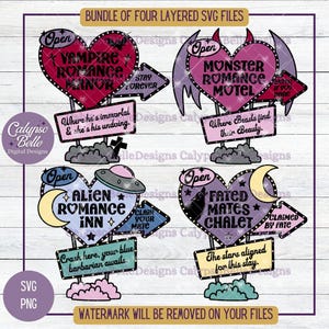 Puede incluir: Cuatro archivos SVG en capas de letreros de motel de neón con diferentes temas. Los letreros son de color rosa, azul, morado y verde con contornos negros. Los letreros tienen el texto "Vampire Romance Manor", "Monster Romance Motel", "Alien Romance Inn" y "Fated Mates Chalet".