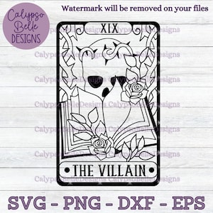 May include: A black and white illustration of a tarot card with the number XIX and the words "THE VILLAIN" on it. The card features a skull with a rose and thorns.