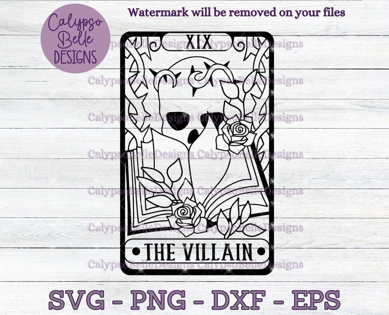 May include: A black and white illustration of a tarot card with the number XIX and the words "THE VILLAIN" on it. The card features a skull with a rose and thorns.