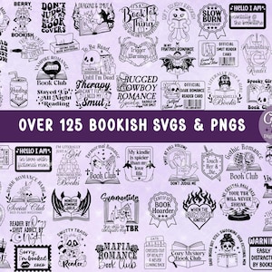 May include: A collection of 125 black and white bookish SVG and PNG digital designs. The designs feature various book-themed phrases and illustrations, including "Don't Judge Me By My Covers", "Vampire Romance", "Rugged Cowboy Romance", "Gothic Romance", "Mafia Romance Book Club", and "Viscountess of Smut".
