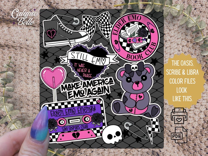May include: A selection of emo-themed stickers. Designs include a high-top trainer with a heart, a bow, a heart-shaped lollipop, a teddy bear, a cassette tape, and text that reads "STILL EMO" and "MAKE AMERICA EMO AGAIN".