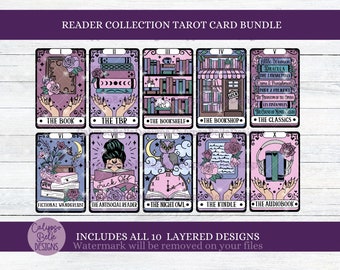 May include: A set of 10 tarot cards featuring book-themed illustrations. Each card has a different title, such as "The Book", "The TBR", "The Bookshelf", and "The Bookstore". The cards are designed in a whimsical style with pastel colors and black outlines.