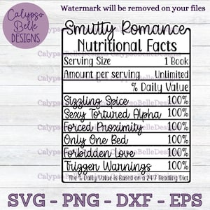 Smutty Romance Reader svg / Romance Smut livre svg / Smut Nutritional Facts svg / Book Lover svg / Livres épicés svg / Trigger Warnings SVG PNG