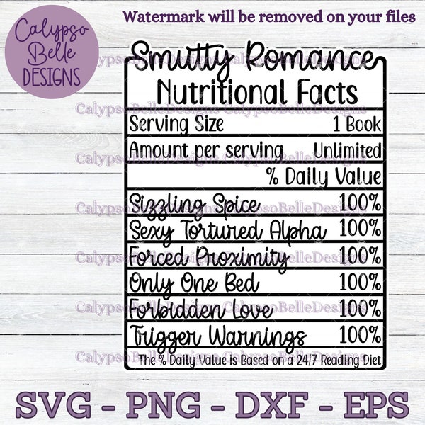 Smutty Romance Reader svg / Romance Smut livre svg / Smut Nutritional Facts svg / Book Lover svg / Livres épicés svg / Trigger Warnings SVG PNG