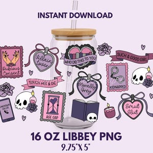 May include: A clear glass Libbey can-shaped tumbler with a bamboo lid and straw, adorned with various pink and black graphic stickers. The stickers include phrases like "Villain Lover" and "Such a Good Girl". The tumbler is 9.75" x 5" and holds 16 oz.