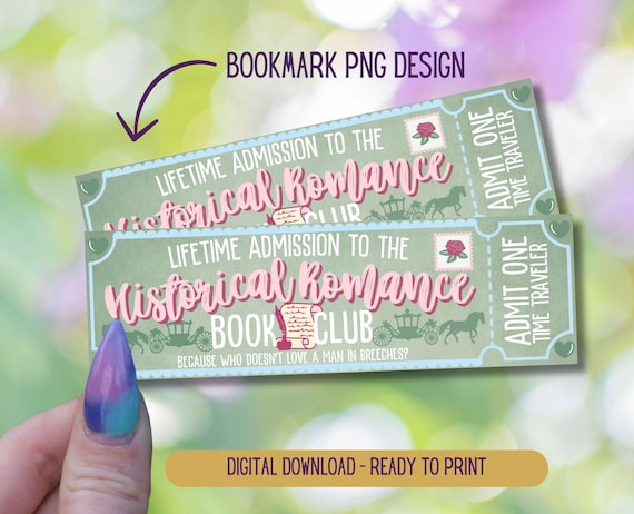 Book Club Bookmark, Historical Romance Book Club Bookmark, Digital Printable Bookmark, Romance Reader Bookmark, Admit One Ticket Bookmark