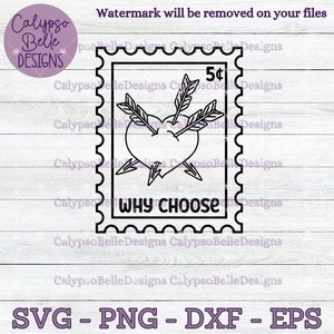May include: Black and white illustration of a heart with three arrows through it. The heart is inside a vintage postage stamp with the text "WHY CHOOSE" printed below it.