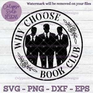 May include: Black and white graphic design of three men in suits with the text "Why Choose Book Club" in a circle.