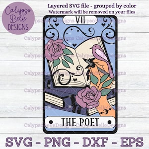 May include: A tarot card illustration of The Poet. The card is blue with a white border and features a hand holding a quill pen writing in an open book. A bird sits on the book. The card is surrounded by roses and vines. The number VII is in the top right corner of the card.