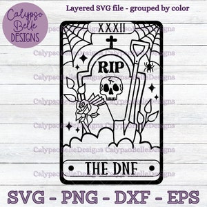 May include: Black and white illustration of a tarot card with the number XXXII and the words "THE DNF" on it. The card depicts a tombstone with a skull and crossbones, a shovel, and a rose.