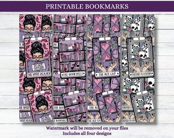 May include: Set of four printable bookmarks featuring a purple and gray color scheme. The bookmarks feature illustrations of a woman reading, a bookshelf, an hourglass, and a skull with a snake. The text on the bookmarks reads "The Smut Reader", "The Bookshelf", "The Age Gap", and "Enemies to Lovers".