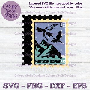 May include: A black and white illustration of a dragon and bat flying over a mountain range. The illustration is on a yellow and blue stamp with the text "Fantasy Romance" and "5&cent;".