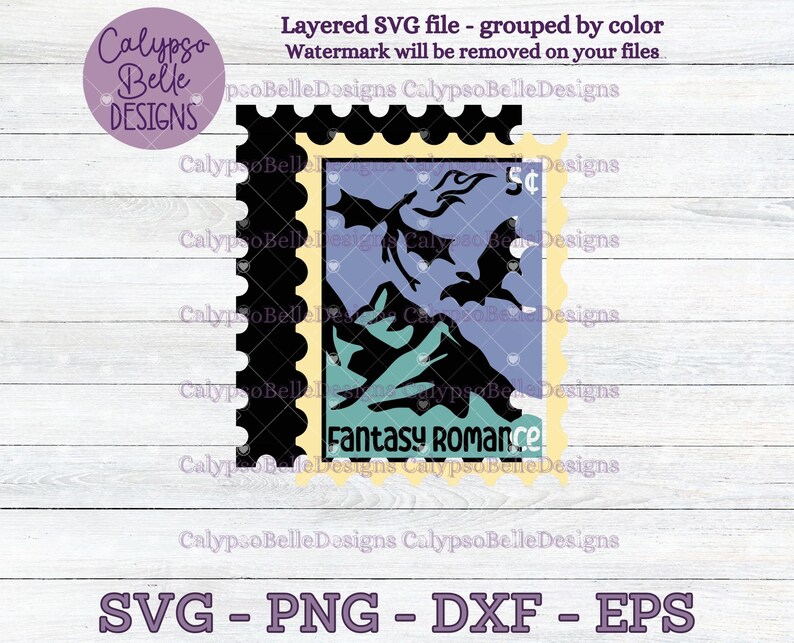 May include: A black and white illustration of a dragon and bat flying over a mountain range. The illustration is on a yellow and blue stamp with the text "Fantasy Romance" and "5&cent;".