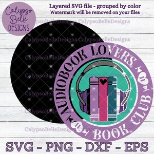 May include: Purple and teal circle design with the text "Audiobook Lovers Book Club" and a graphic of headphones and books.