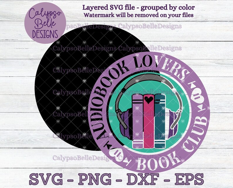 May include: Purple and teal circle design with the text "Audiobook Lovers Book Club" and a graphic of headphones and books.