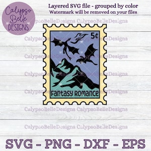 May include: A yellow and brown postage stamp with a blue background. The stamp features a silhouette of three dragons flying over a mountain range. The text "Fantasy Romance" is printed in yellow on the stamp. The stamp has a 5&cent; denomination.