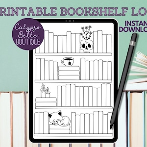 May include: Printable bookshelf log with a black and white illustration of a bookshelf with a skull, a cat, candles, and a cup of tea. The text "INSTANT DOWNLOAD" is in the top right corner of the image.