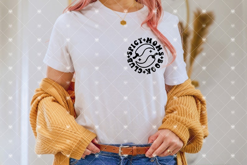May include: A white t-shirt with a black graphic that says "Spicy Moms Book Club" with a chili pepper design.