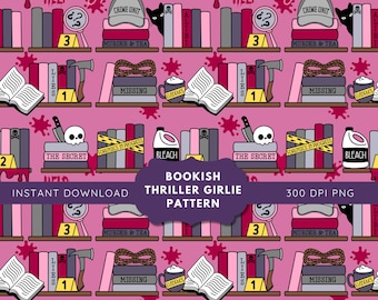 True Crime Seamless Pattern: Murder Mystery png, Bookshelf Pattern png, Thriller Reader, Psychological Thriller, Murder Scene, Crime Scene