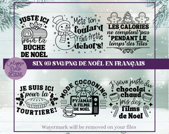 May include: Six black and white Christmas-themed SVG and PNG files in French. The designs include a snowman, a Yule log, a Christmas stocking, a Christmas tree, a Christmas pie, and a Christmas movie night.
