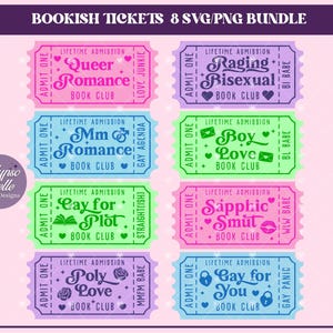 May include: A digital bundle of eight colorful ticket designs with text like "Queer Romance Book Club" and "Raging Bisexual Book Club." Each ticket has decorative elements and the words "Lifetime Admission."