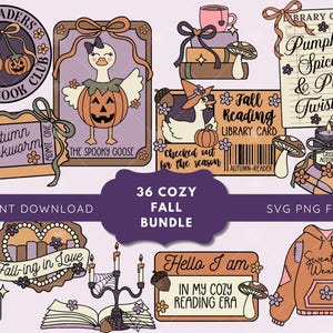 以下が含まれることがあります： カボチャの衣装を着たガチョウ、本の山、Pumpkin Spice & Plot Twistsと書かれた図書館カード、キャンドル、キノコ、Sweater Weatherと書かれたセーターなど、秋をテーマにした36種類のデジタルイラストレーションのコレクション。