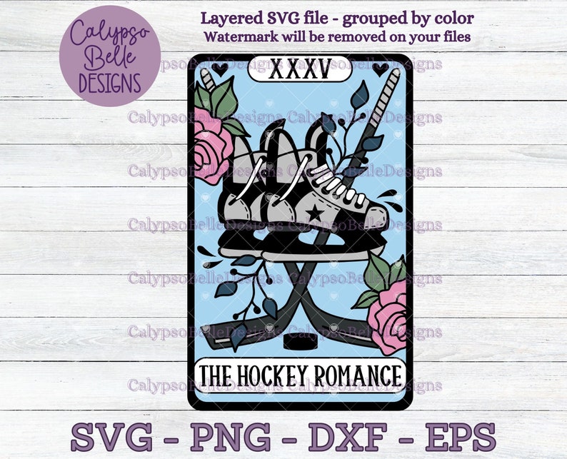 May include: A tarot card illustration with a blue background and a white border. The card depicts a pair of ice skates with a hockey stick and flowers. The card is labeled "The Hockey Romance" and "XXXV".