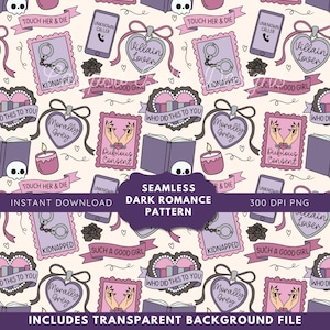 Op de afbeelding: Naadloos donker romantiek patroon met handboeien, harten, boeken en zinnen als "Kidnapped" en "Touch Her & Die". Het ontwerp bevat een transparante achtergrondbestand. Het kleurenpalet omvat tinten paars, roze en zwart.