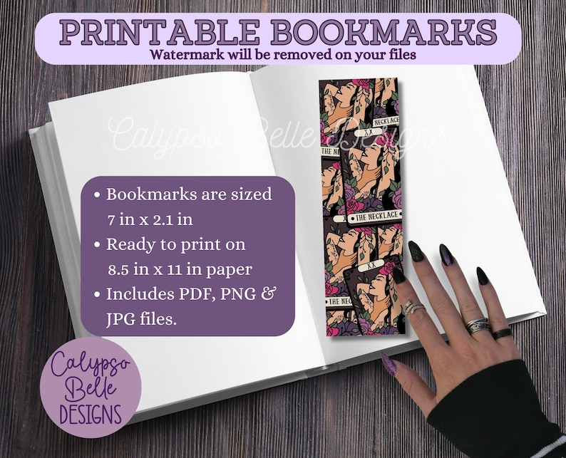 May include: Printable bookmarks with a tarot card design, featuring a woman's face, roses, and the text "THE NECKLACE." The bookmarks are 7 inches by 2.1 inches and ready to print on 8.5 x 11 inch paper. Includes PDF, PNG & JPG files.