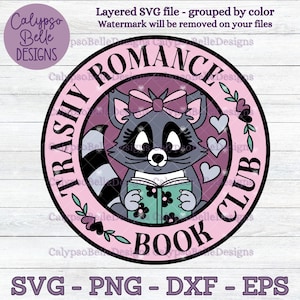 Trash Romance Book Club svg, svg raton laveur, livre svg, svg club de lecture, svg amateur de livres, svg lecteur, livre raton laveur svg, raton laveur poubelle, PNG à la mode